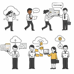 Simple Line Drawing Cloud Computing Concept with Business People Illustration