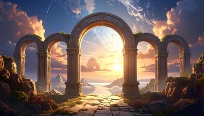 Monumental arches of stone floating in luminous skies, surreal architectural wonder as otherworldly DESIGN scene.
