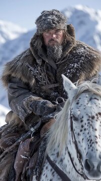 Rugged frontiersman in fur clothing riding a horse in a snowy wilderness