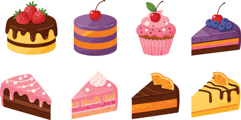 Colorful dessert vector set, cake slices, cupcakes, chocolate toppings, fruit decorations, sweet bakery icons, cartoon style, isolated food illustrations, editable design