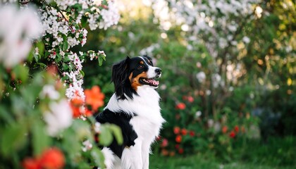 Dog in blooming garden
