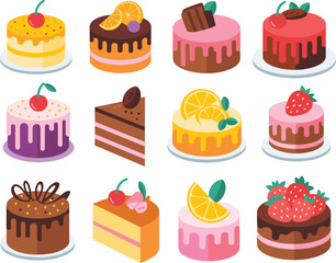 Cake vector collection, colorful dessert icons, chocolate toppings, fruit decorations, bakery sweets, cartoon style, editable design, isolated food illustrations, cute pastry set
