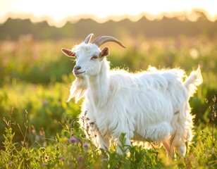 Obraz premium White goat in a field at sunset (1)