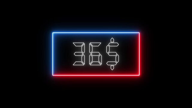 Glowing neon line 65 dollar counter Animation, 65 counting from 0 to 65$, video introduction counter for the reaching dollar counting animation.