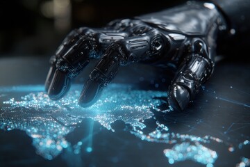 Robotic hand interacting with glowing digital world map, symbolizing AI and global connectivity