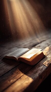 Golden light falls on an open Bible atop a wooden table, radiating warmth and peace. Cinematic, ultra-realistic style with soft shadows and rich detail, inspiring contemplation.