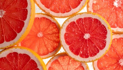 Red grapefruit slices floating in water with bubbles
