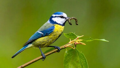 Blue tit bird eating a worm