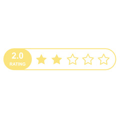 Flat yellow five star rating system icon with 2.0 score in box layout, customer feedback quality evaluation bar UI template, vector symbol isolated on transparent background, digital review platforms
