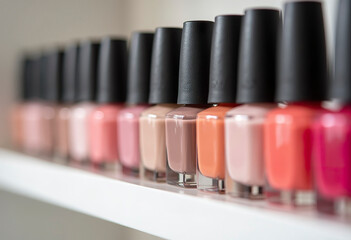 Neat row of nail polish bottles in nude and pastel colors on a white shelf, soft focus, color blocking trend, backli