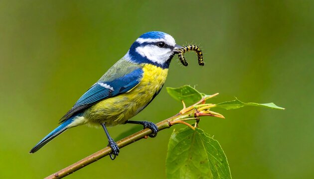 Blue tit bird eating a worm