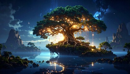 Massive glowing tree with roots spanning across floating islands, natural wonder forming otherworldly DESIGN concept.