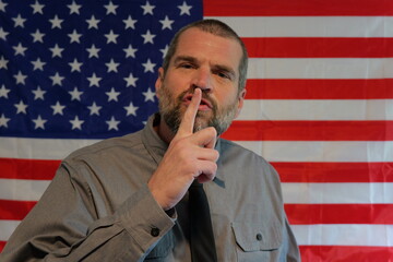 American Censorship Concept - Male Journalist or Politician - See no evil, Speak no evil, Hear no evil idea - Distracted Citizens
