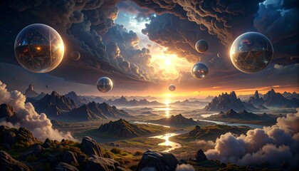 Radiant spheres floating in dark stormy skies, surreal geometry defining futuristic otherworldly DESIGN realm.