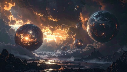 Radiant spheres floating in dark stormy skies, surreal geometry defining futuristic otherworldly DESIGN realm.
