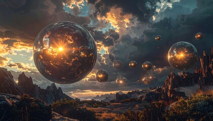 Radiant spheres floating in dark stormy skies, surreal geometry defining futuristic otherworldly DESIGN realm.