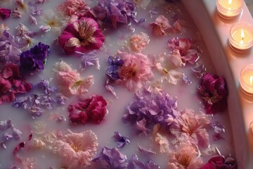 Romantic milk bath with floating pink and purple flowers and warm candlelight.