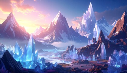 Shimmering mountains formed of luminous crystals, dreamlike light scattering across an otherworldly DESIGN landscape.