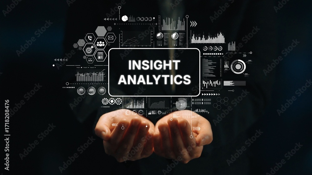 Poster professional businessman presenting insight analytics data visualization with digital graphs and sta