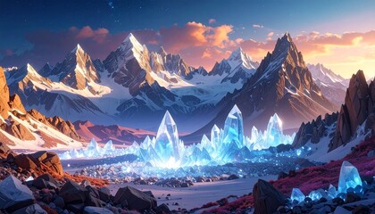 Shimmering mountains formed of luminous crystals, dreamlike light scattering across an otherworldly DESIGN landscape.