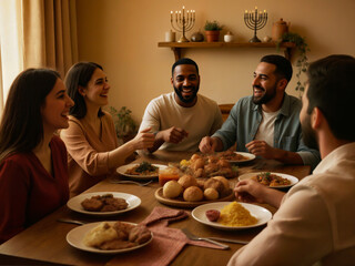 Friends sharing traditional holiday meal together with menorah decoration