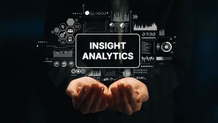 Professional Businessman Presenting Insight Analytics Data Visualization with Digital Graphs and Statistics. Asymptotic smart data analytic.