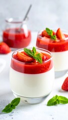 Panna cotta dessert with fresh strawberry sauce and mint