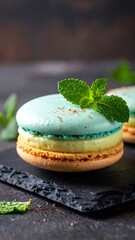 Mint pistachio macaron dessert with fresh mint garnish