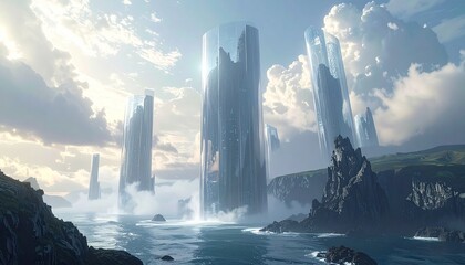 Giant translucent structures rising from oceans of mist, futuristic alien scenery with otherworldly DESIGN composition. 