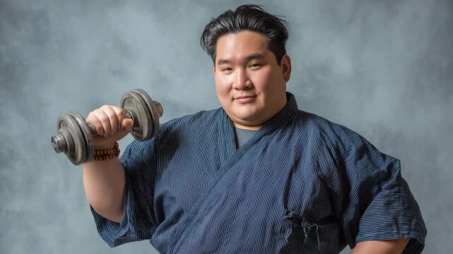 男性が灰色背景で甚平姿で重りを力強く掲げる