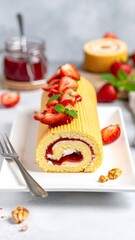 Strawberry roll cake serving with jam and cream