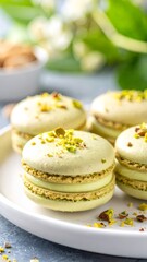 Pistachio macarons with green filling and crumbled nuts