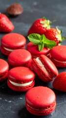 Red macarons with cream filling, strawberries, and mint