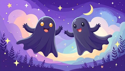 Two happy ghosts float in a starry night sky