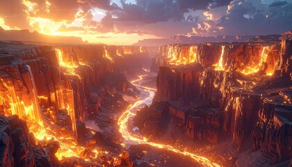 Vast glowing canyon carved by rivers of liquid light, surreal otherworldly DESIGN with shimmering crystalline walls.