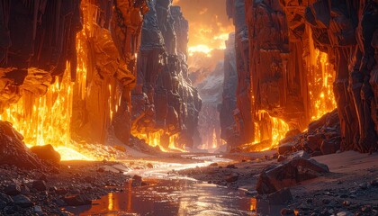 Vast glowing canyon carved by rivers of liquid light, surreal otherworldly DESIGN with shimmering crystalline walls.