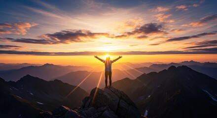 Person stands on mountain peak arms raised at sunrise inspirational achievement concept