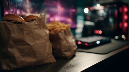 Fast food meals including burgers and fries are placed on a desk next to a glowing gaming computer setup with colorful lights