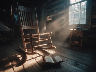 Rustic Cabin Interior with Rocking Chair, Book, and Sunlight Streaming Through Window