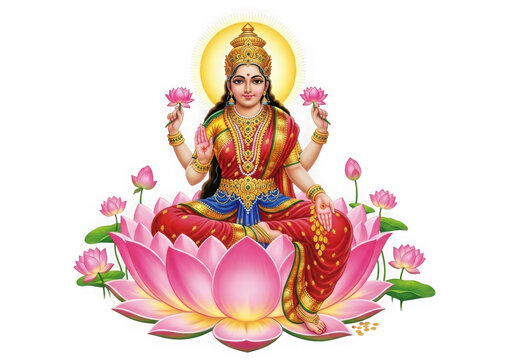 Goddess lakshmi seated on lotus surrounded by flowers radiant aura hindu deity of wealth and prosperity isolated on transparent background