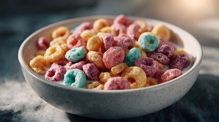 A close up shot of a bowl filled with vibrant colorful cereal rings floating in milk suggesting a sweet breakfast or snack