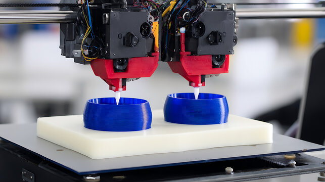 Dual-head 3D printer fabricating blue objects on a build platform