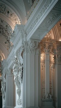 Ornate white baroque-style columns in a grand hall interior