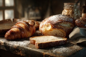 Rustic still life with freshly baked artisan bread, a croissant, and a slice on a flour-dusted wooden table.