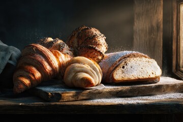 Rustic still life of assorted artisanal bread and croissants on a floured wooden board.