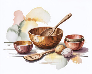 Watercolor Illustration of Wooden Bowls, Utensils, and Eggs on a White Surface