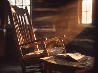 Rustic Rocking Chair with Book, Warm Light, Cozy Interior.