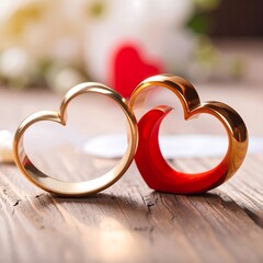 Two heart-shaped wedding bands on a wooden surface