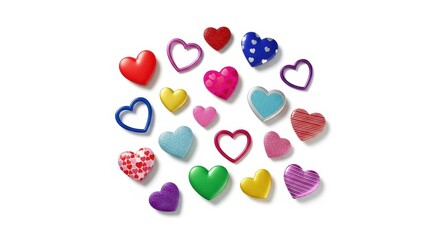 A Whimsical Collection of Colorful Hearts Scattered Around on a White Background