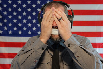 American Censorship Concept - Male Journalist or Politician - See no evil, Speak no evil, Hear no evil idea - Distracted Citizens